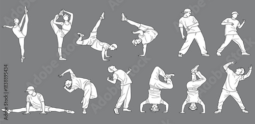 Collection of dynamic vector illustrations depicting various dance styles, including breakdance and ballet, with figures in athletic and flexible poses, highlighting energy and movement