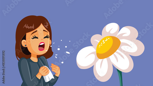 Woman Sneezing from Pollen Allergy Vector Illustration. Adult having seasonal allergies during spring season
