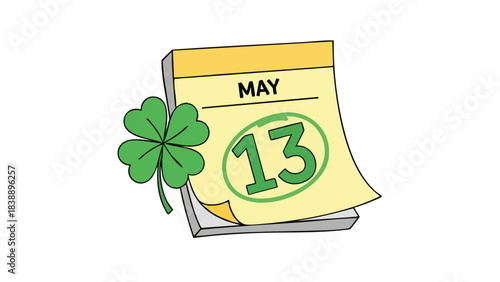 A graphic showing a green four-leaf clover next to a yellow calendar page marked May 13, circled. It signifies luck, a special date, and springtime