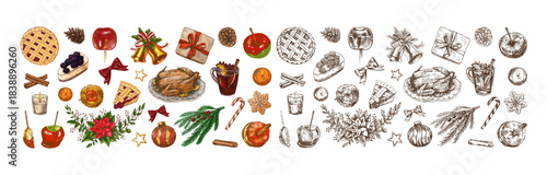 Hand drawn vintage set of Christmas food, drinks and festive decor with colored and monochrome versions, vector clipart