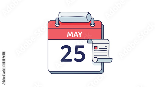 Modern vector illustration of May 25 calendar date with attached event reminder document scroll icon