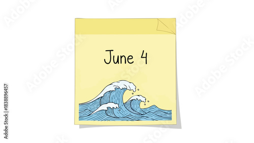 A vibrant yellow sticky note displaying June 4 with hand-drawn ocean waves a whimsical calendar reminder for seaside plans