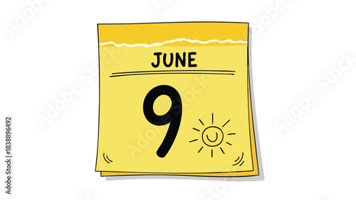 A vibrant yellow calendar page with a playful hand-drawn style, highlighting June 9th and a smiling sun, perfect for summer scheduling and memorable