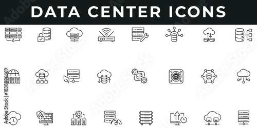 Data Center Icons vector illustration with thin line editable stroke containing hosting, security, network infrastructure, database, storage, big data, firewall, router, backup, virtualization, server