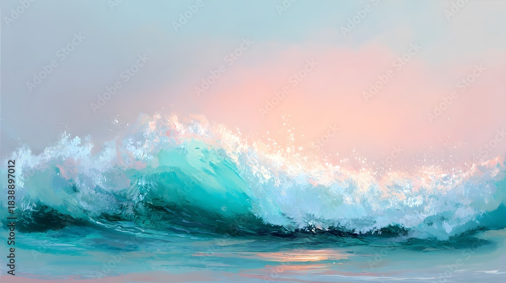 Fototapeta premium Turquoise ocean wave sunrise serene landscape artistic watercolor illustration warm reflections peaceful morning beauty