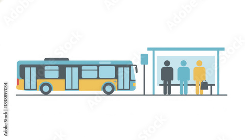 People waiting at a bus stop for public transport. Sustainable commute and urban lifestyle concept. Minimalist flat design vector illustration