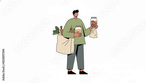 Eco-friendly man with reusable jars and tote bag for zero waste grocery shopping. Sustainable consumption and plastic-free lifestyle concept. Minimalist flat vector illustration