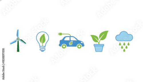Eco and sustainability icon set. Green energy and environmental conservation symbols. Minimalist flat design vector illustration
