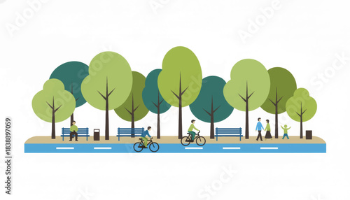 People enjoying outdoor activities in a city park. Flat design vector illustration of a community green space with trees, benches, and a bike path