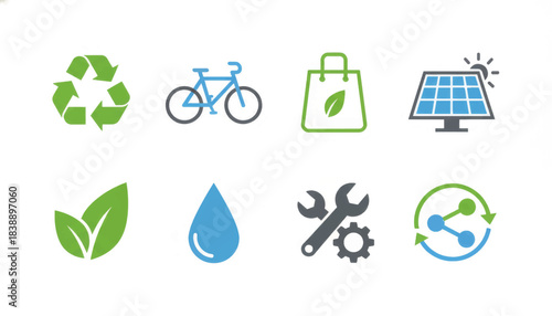 Eco and sustainability flat icon set. Green energy, recycling, and conservation symbols. Minimalist vector graphic illustration
