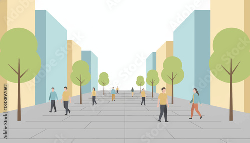 People walking on a modern pedestrian street in a city. Flat design vector illustration of an urban scene with buildings and trees. Social distancing and community concept