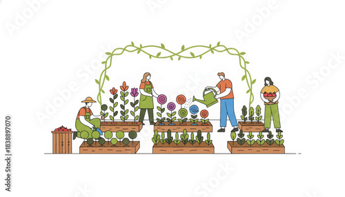 People working together in a community garden. Modern flat line art vector illustration. Urban farming and sustainable lifestyle concept