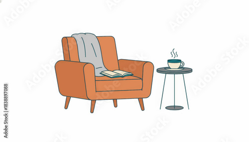 Cozy home scene with an armchair and a book. Slow living and relaxation concept. Minimalist vector illustration