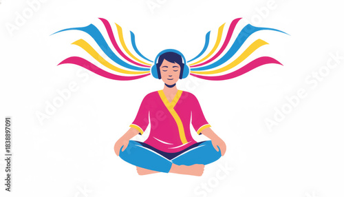 A person meditating and listening to music with headphones. Mindfulness, relaxation, and wellness concept. Colorful flat design vector illustration