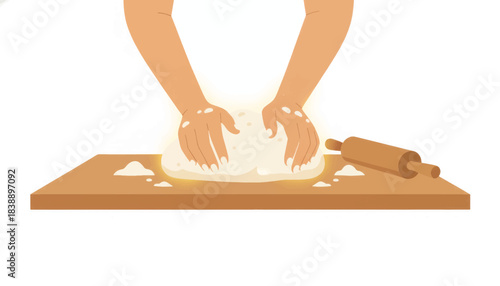 Hands kneading dough on a wooden board for baking bread. A vector illustration of a homemade cooking craft. Slow living and culinary concept isolated on a white background