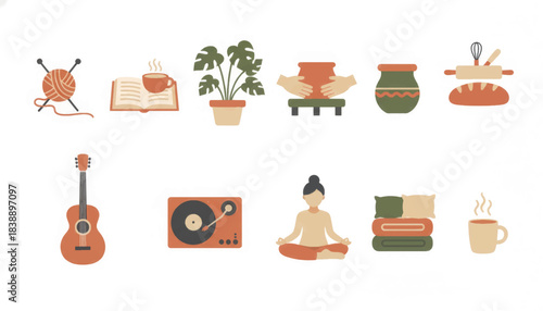 Home slow living and crafts icon set. Collection of simple icons representing relaxing hobbies. Flat design vector illustration with texture