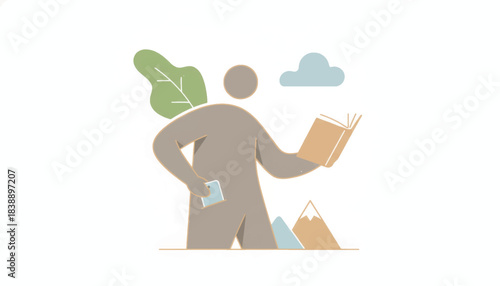 Minimalist illustration of a person reading a book. Digital detox and healthy habits concept. Flat design vector graphic with nature elements