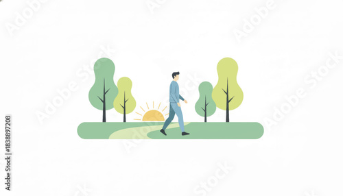 Man taking a morning walk in the park. Healthy habits and outdoor exercise concept. Minimalist flat design vector illustration