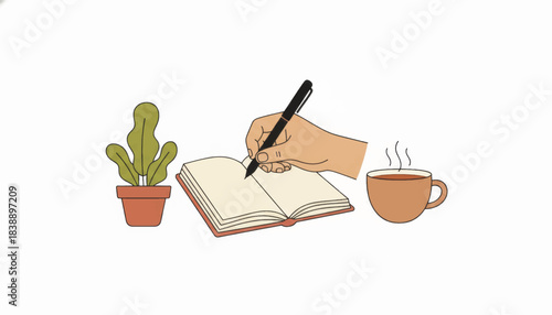 A hand writing in a journal with coffee and a plant. Minimalist flat design vector illustration. Self-care and healthy habits concept