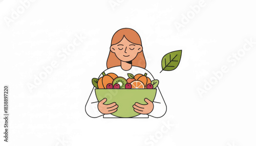 A woman holding a bowl of fresh fruit. Healthy habits and mindful eating concept. Minimalist flat design vector illustration