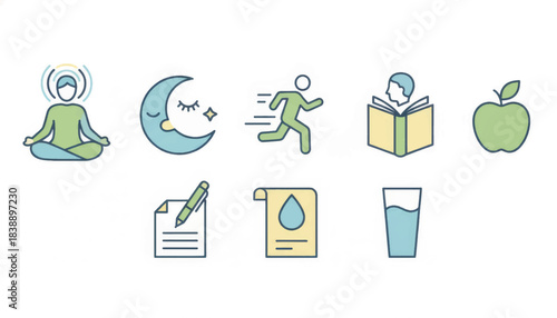 Minimalist healthy habits icon set. Collection of simple icons for a healthy lifestyle. Flat design vector illustration