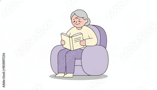 An elderly woman reading a book while sitting in an armchair. Senior citizen lifestyle and retirement hobby concept. Simple flat vector illustration.