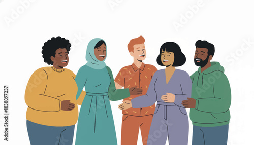 A diverse group of friends laughing together. Flat design vector illustration of community and inclusion. Multiethnic characters representing friendship and teamwork