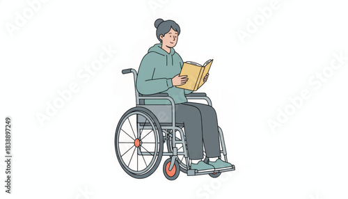 Young woman in wheelchair reading a book. Disabled person character studying. Flat design vector illustration