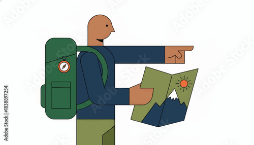 Solo traveler hiking with backpack and map. Flat vector illustration of a character pointing direction. Navigation and adventure concept