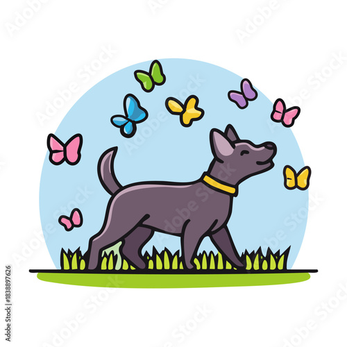Cute dog with butterflies vector illustration in flat cartoon style