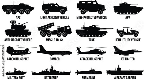 Military vehicle silhouettes, aircraft icons, defense equipment grid, army transport assets, war machines, tactical hardware, navy fleet, combat illustration