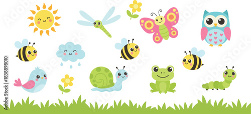 Cute cartoon spring animals and weather elements collection