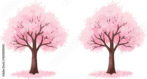 Beautiful pink cherry blossom trees in full bloom with delicate petals, elegant spring floral vector illustration perfect for seasonal nature artwork designs