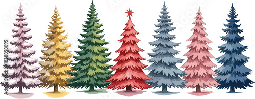Colorful winter evergreen trees illustration featuring diverse painted fir variations, festive holiday forest design perfect for seasonal décor and creative projects.
