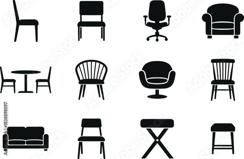 Collection of black silhouette furniture icons isolated on white