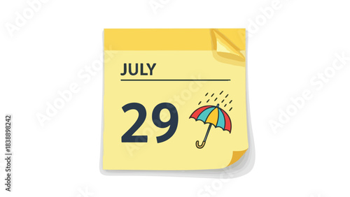 Rainy July twenty-ninth calendar date illustration with a colorful umbrella and falling droplets for weather forecasting.