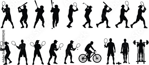 Silhouette vector illustration showing multiple athletes performing various sports activities, including tennis, baseball, golf, cycling, and weightlifting, ideal for fitness, training, and sports