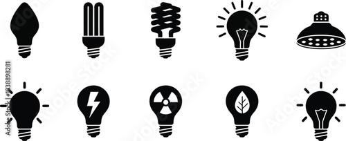 Variety of light bulbs black silhouette icon set