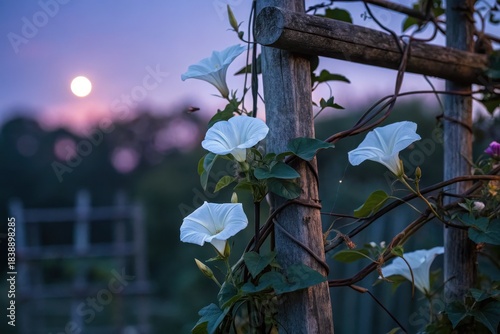 A serene garden at dusk featuring several Ipomoea alba vines climbing a rustic wooden trellis,