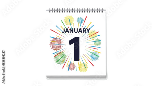 Vibrantly Illustrated Calendar Page Displaying January First with Festive Explosions Marking New Beginnings and Joyful Celebrations as the Fresh