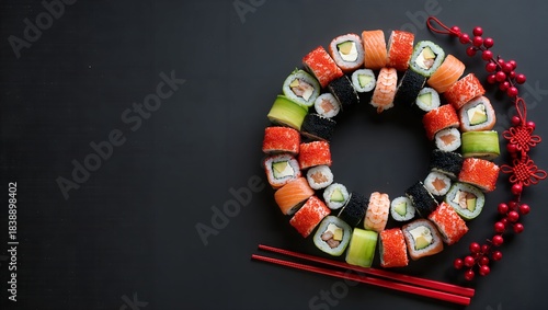Christmas Sushi Wreath with Holiday Decorations