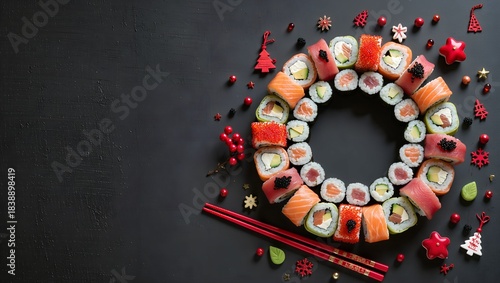 Christmas Sushi Wreath with Holiday Decorations