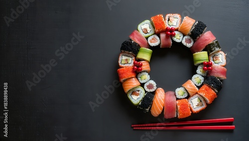 Sushi Christmas Wreath on Dark Background