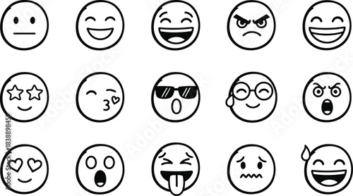 Collection of hand drawn black and white emoji faces