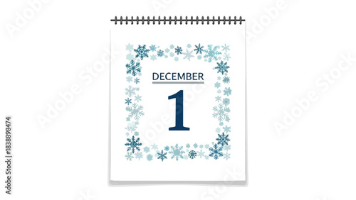 December First Calendar Page Illustration Featuring an Artistic Snowflake Frame and Winter Theme Aesthetic for Seasonal Marketing and Festive Event