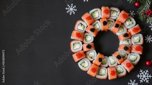 Christmas Sushi Wreath with Holiday Decorations