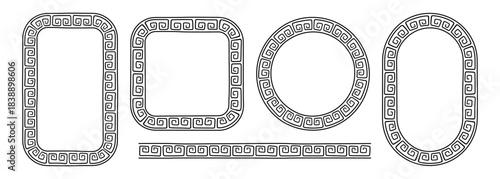 Greek doodle frames set. Hand drawn roman circle, oval and rectangle frame. Greek or Roman ancient motif border design. Ancient ornament elements. Vector illustration isolated on white background.