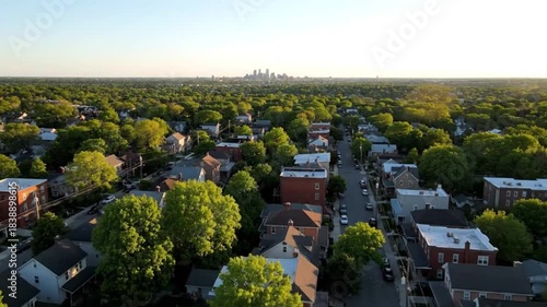 Wallpaper Mural Aerial view of a quiet residential neighborhood with mature trees on a sunny day with downtown skyline in the distance. Torontodigital.ca