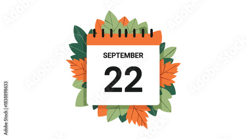 Animated calendar showing September 22, adorned with vibrant autumn leaves, representing the start of fall