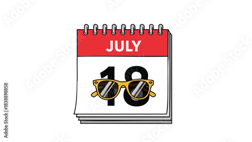 A bright cartoon calendar page shows July eighteenth, complete with cool yellow sunglasses, clearly indicating summer vacation plans and sunny